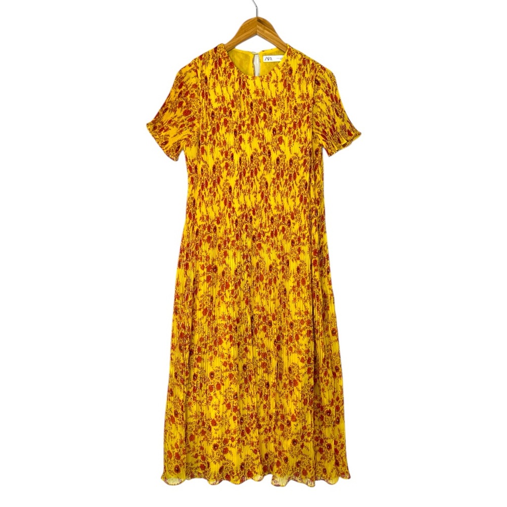 Zara Yellow Floral Pleated Chiffon Midi Dress With Short Sleeves Size Small - Picture 2 of 7